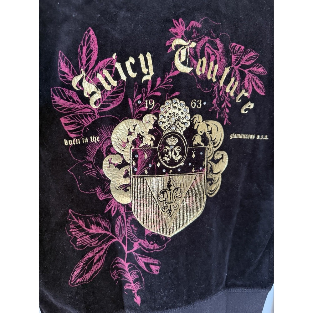 Juicy Couture Black Medium 90s Y2K  Velour Zip Hoodie USA Big Logo Gold Pink Vtg